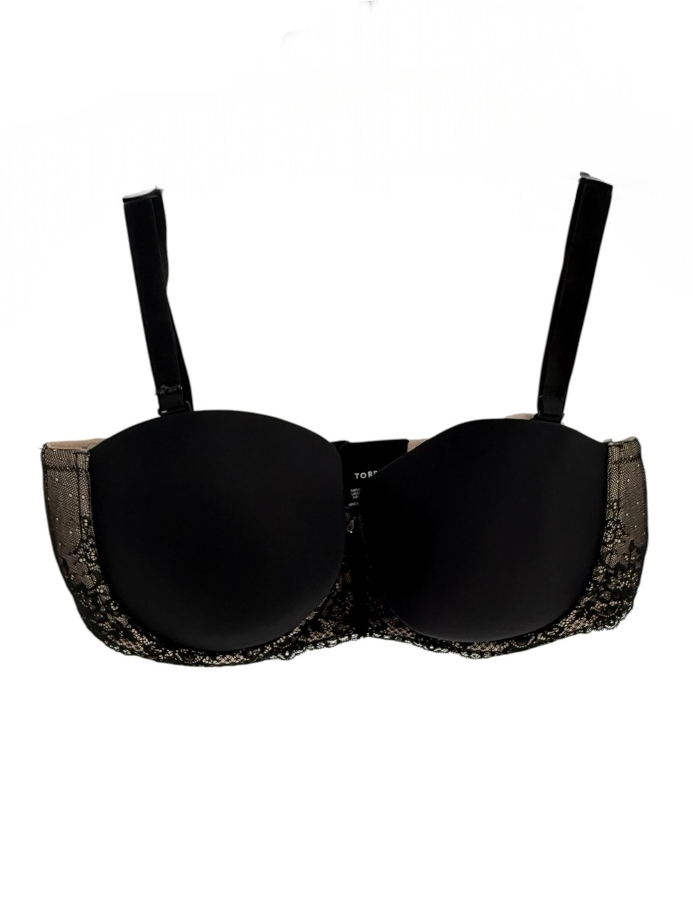 Torrid Bra Balconette Black Tan Lace Padded Multi Way Womens Size 44D Lace